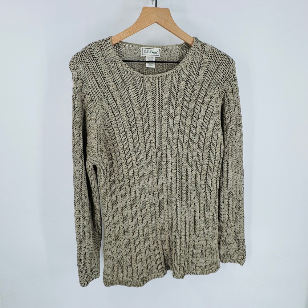 L.L. Bean Knit Sweater Size L Tan Open Weave Granola Coastal Heritage Earthy